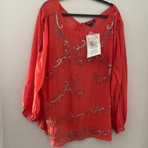 32) Roman's Red Orange Embellished Long Sleeve Top Size 28W